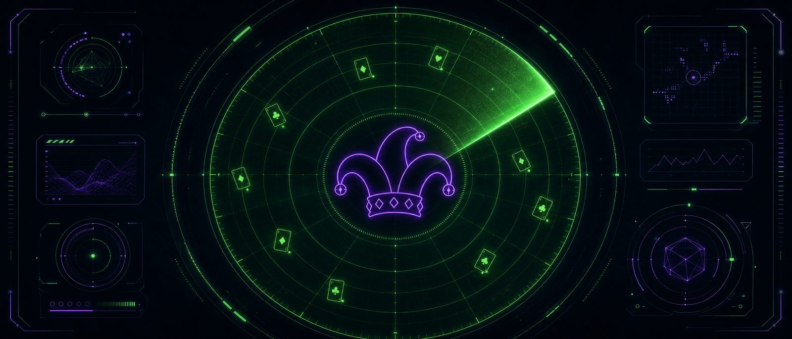 A glowing green radar display with a violet jester cap icon at its center and playing-card blips on the rings