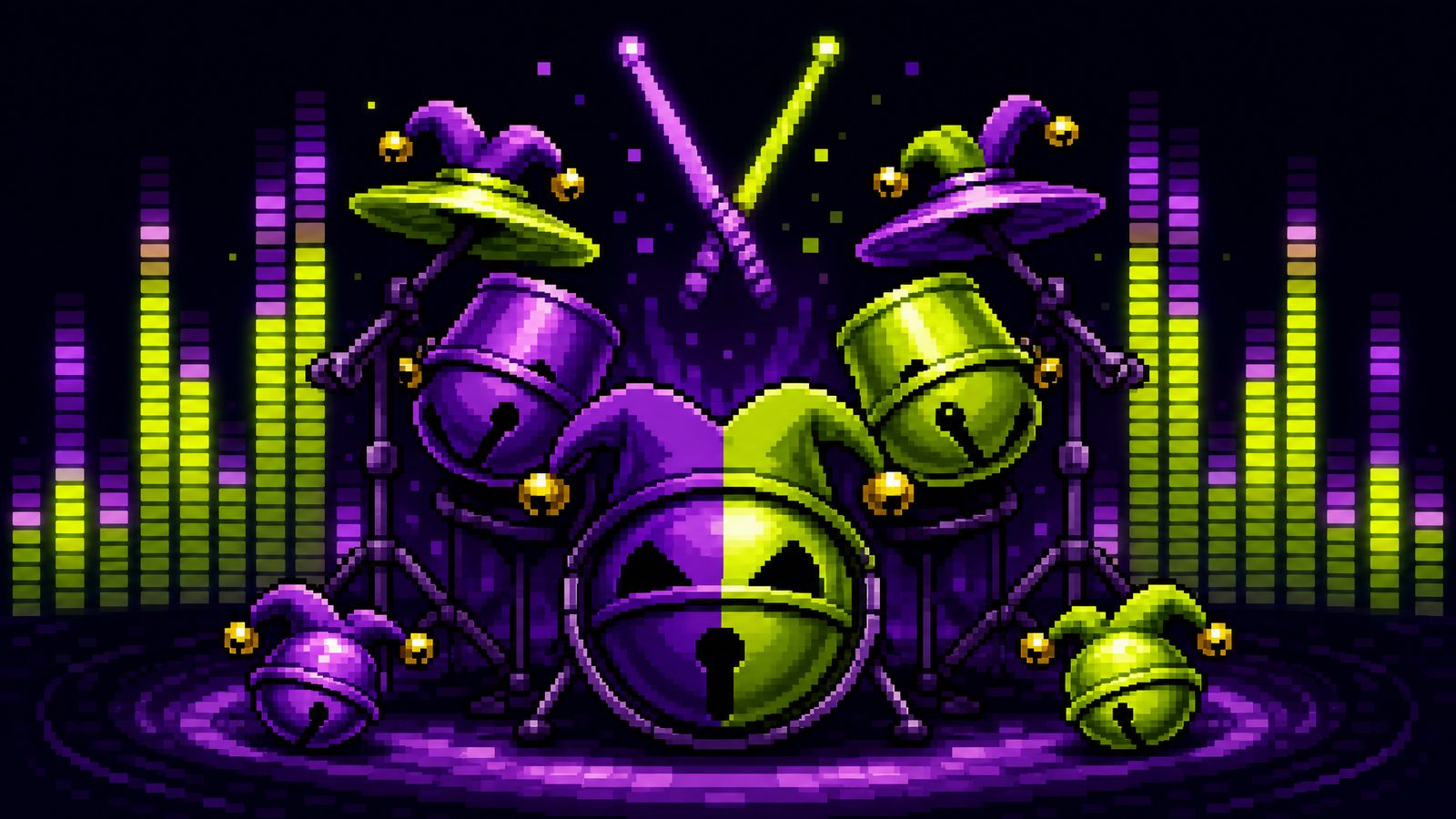 Pixel-art jester bells arranged like a drum kit in front of neon equalizer bars