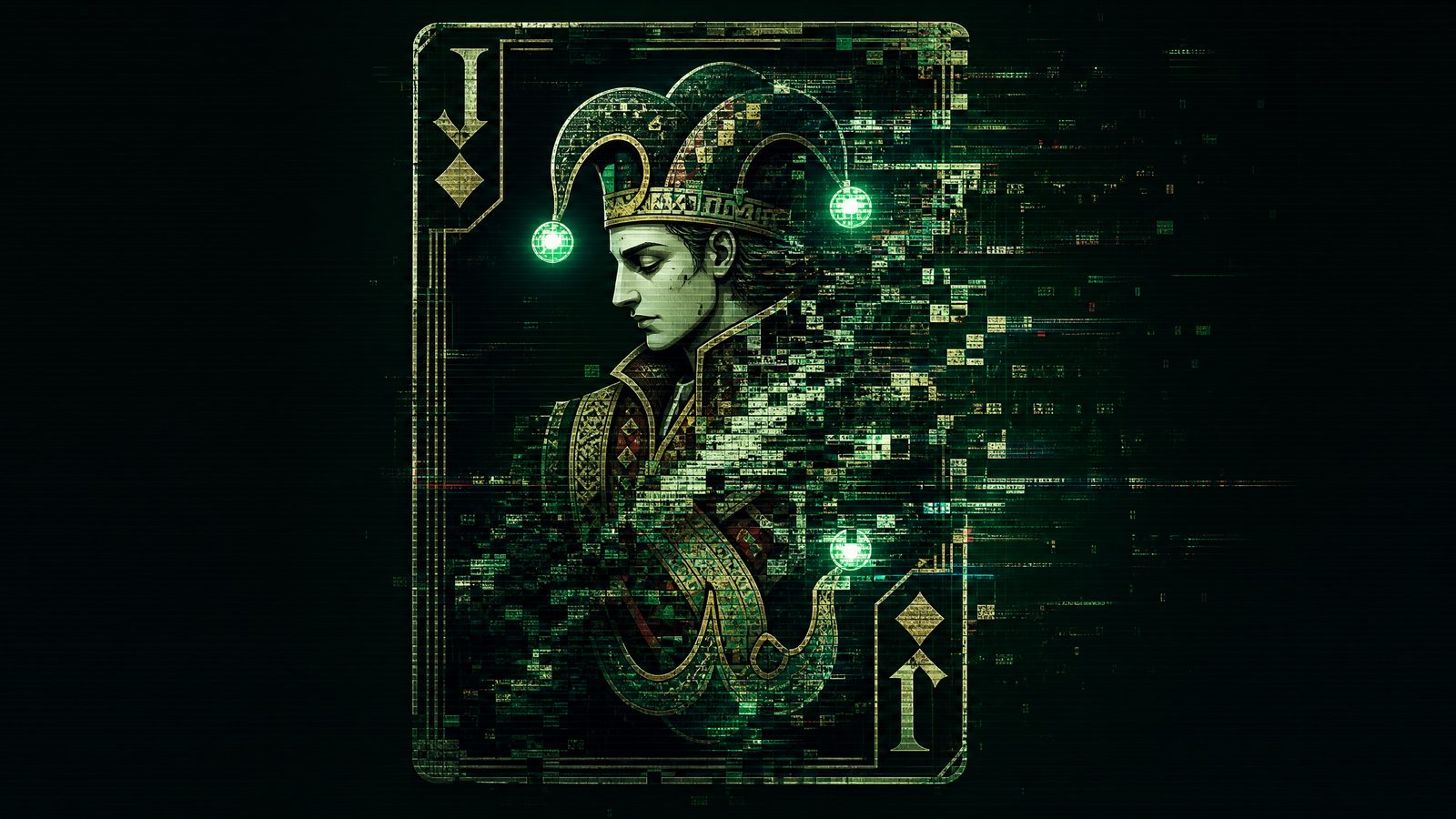 A court playing card dissolving into glitch pixels on a dark terminal-green background