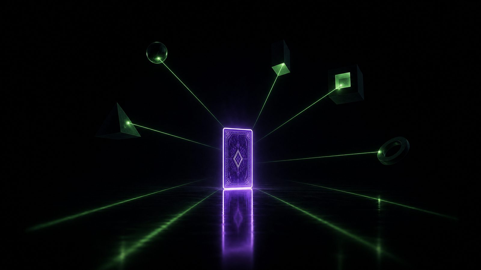 A single glowing violet card standing in a dark void connected by green laser lines to floating shapes