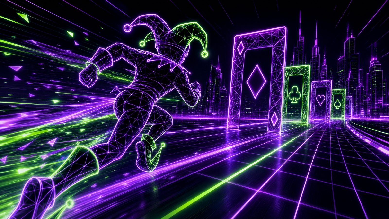 A wireframe jester sprinting down a neon synthwave highway through card-shaped gates