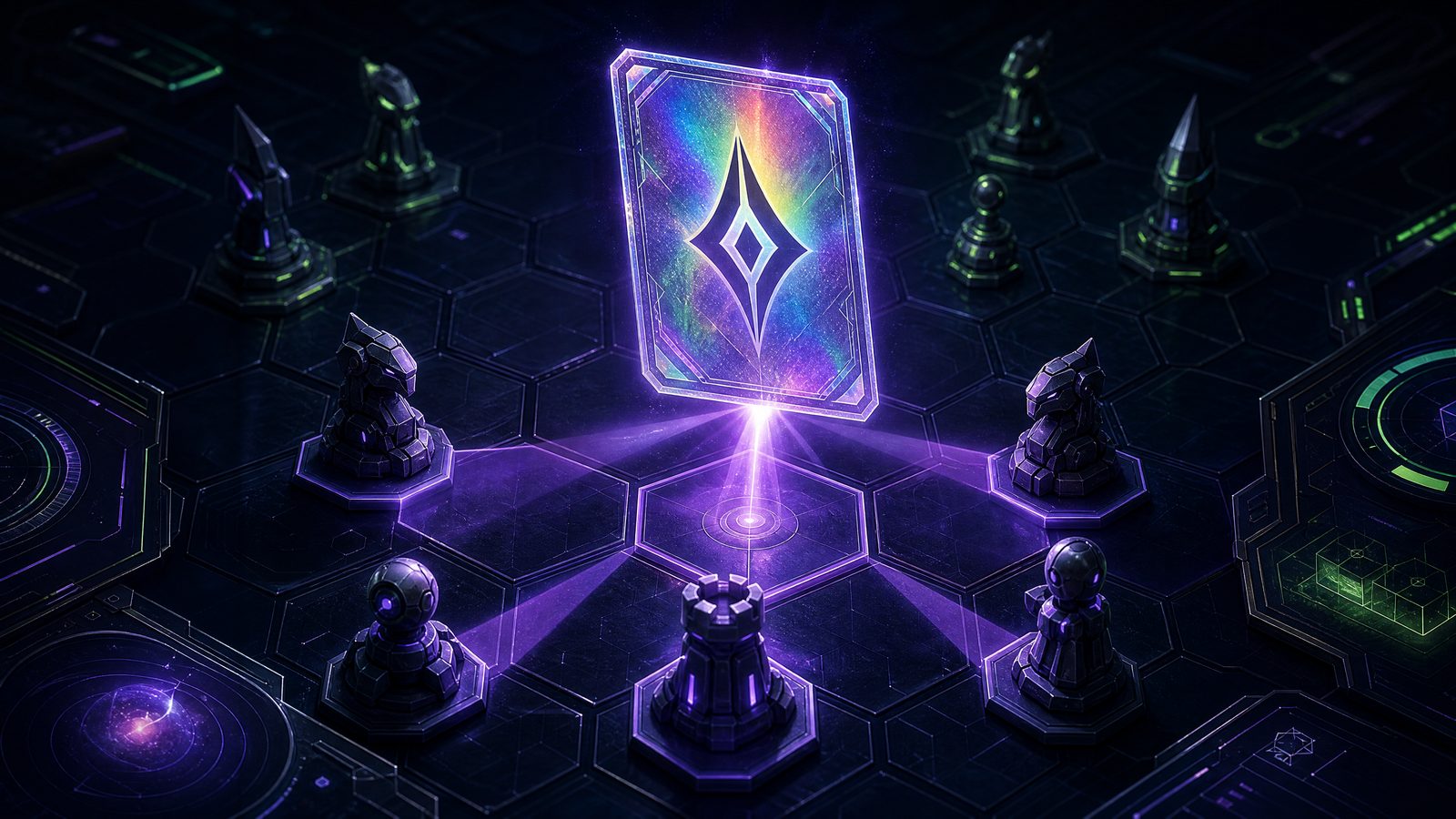 A holographic wild card hovering above a dark hex-grid board with robotic pieces