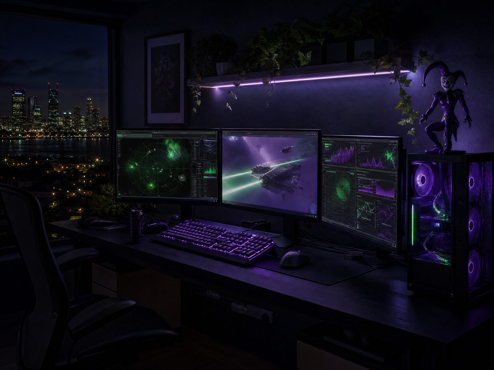 The station: a dark desk with three monitors glowing green and violet, a jester figurine on the PC tower, Perth city lights in the window
